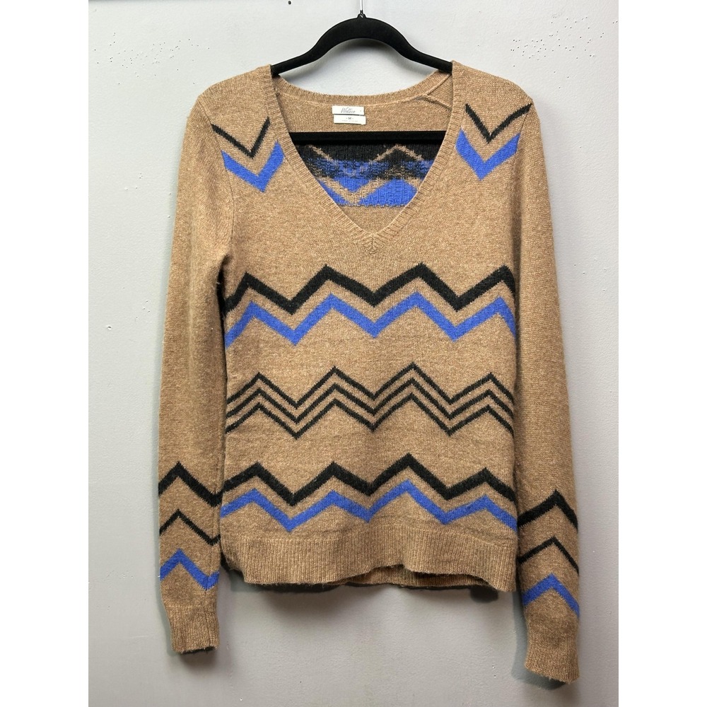 Wallace Sweater Womens Medium Tan Blue Chevron V Neck Wool Cashmere Blend